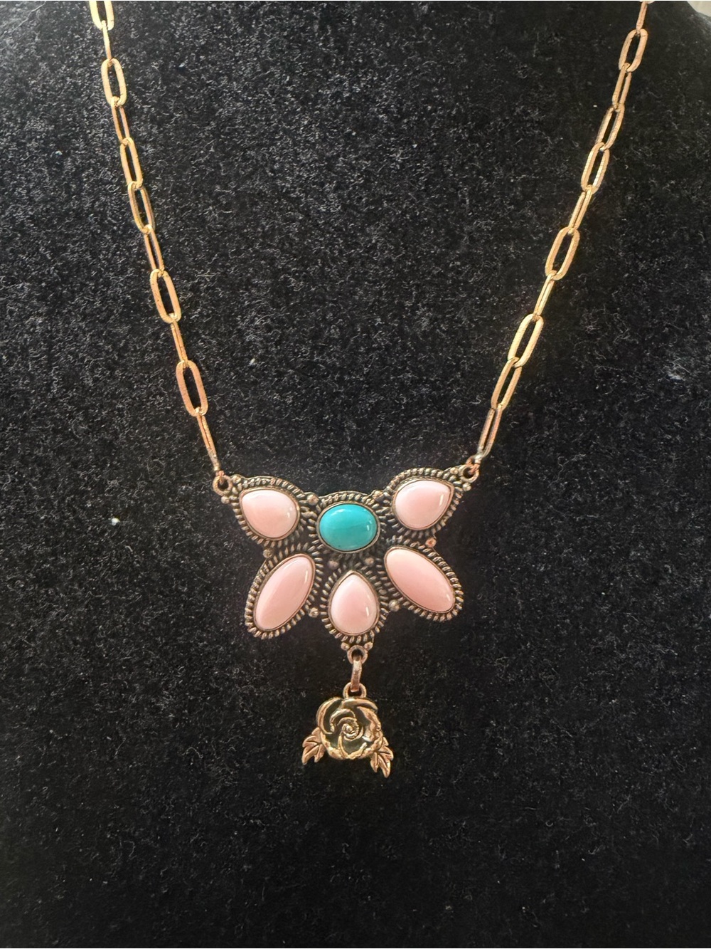 Genuine Pink Conc & Turquoise Floral Pendant Statement Copper Necklace - Picture 1 of 8